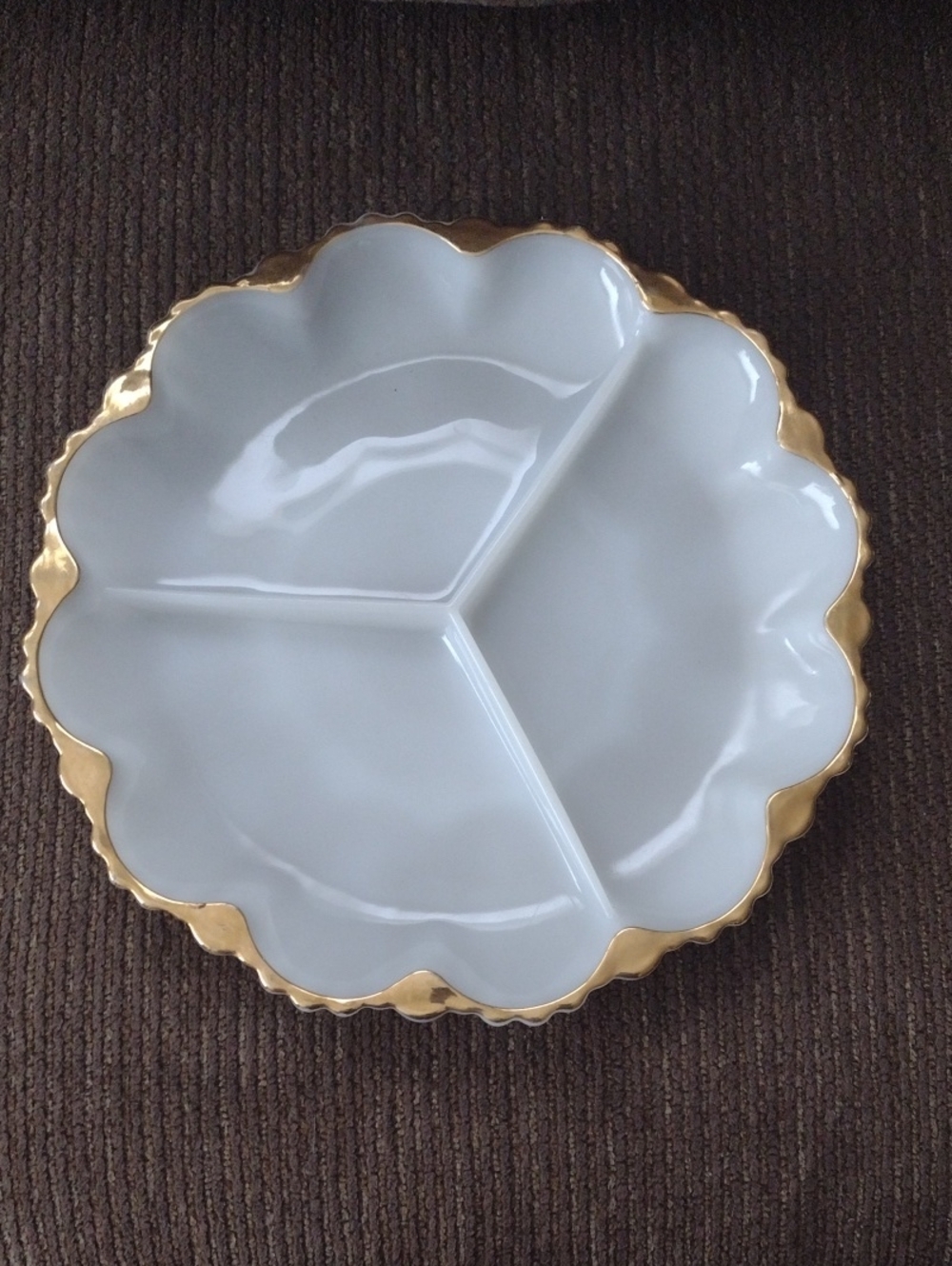 Vintage Milk Glass Divided Dish Gold Trim Anchor Hocking 10" Diameter 1940